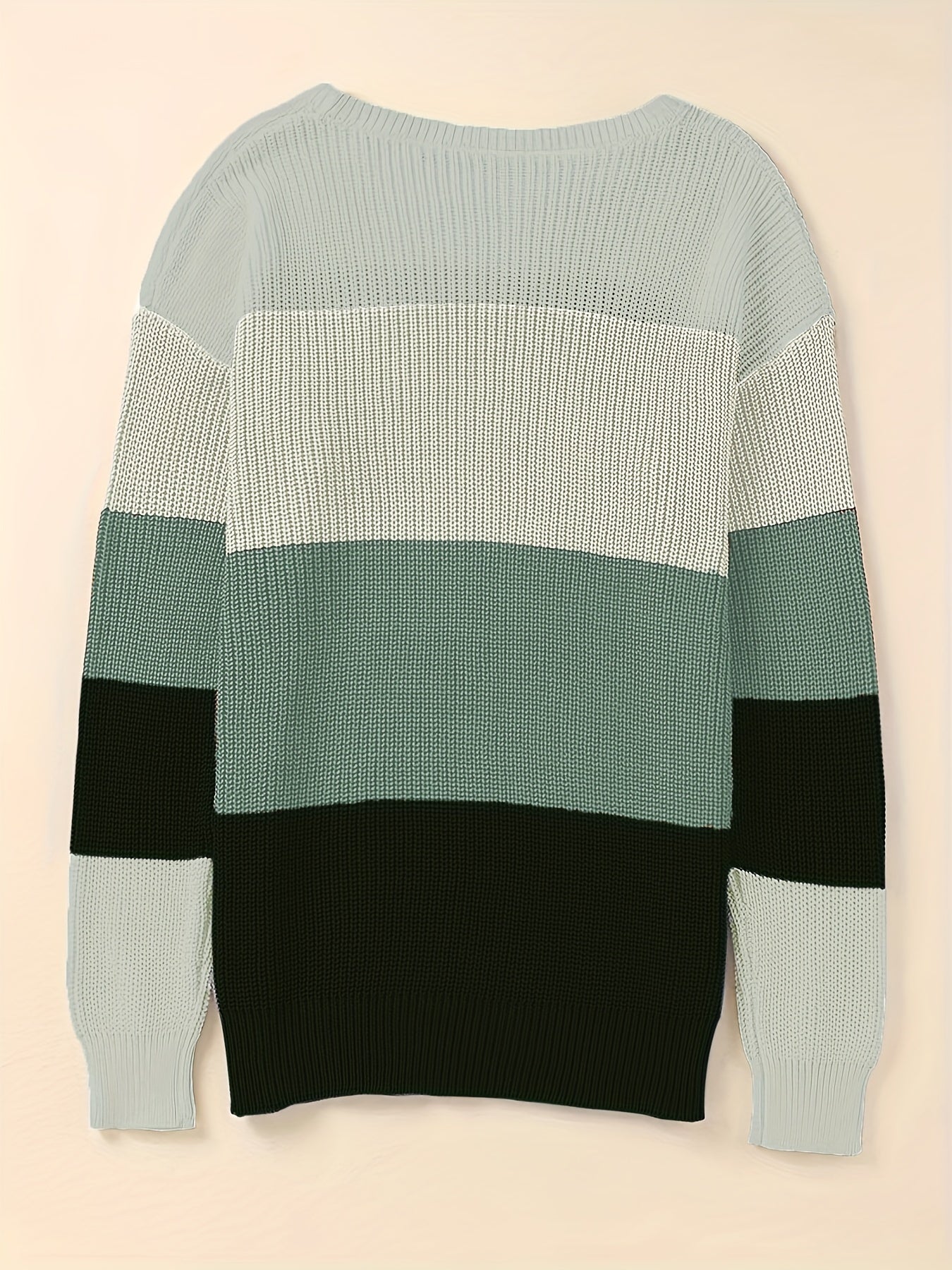 Striped Pattern Knitwear Tops, Crew Neck Long Sleeve Pullover Sweaters, Color Block Shirts, Women's Clothing