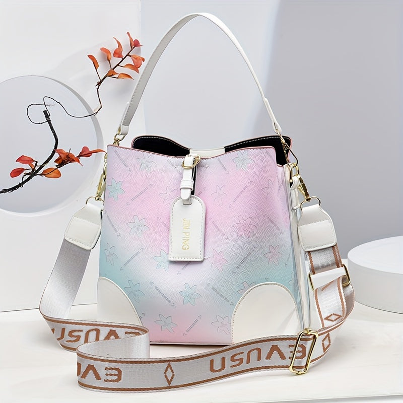 Trendy Ombre Bucket Bag, Letter Print Handbag, Fashion Buckle Decor Handbags, Women'S Every Day Purses