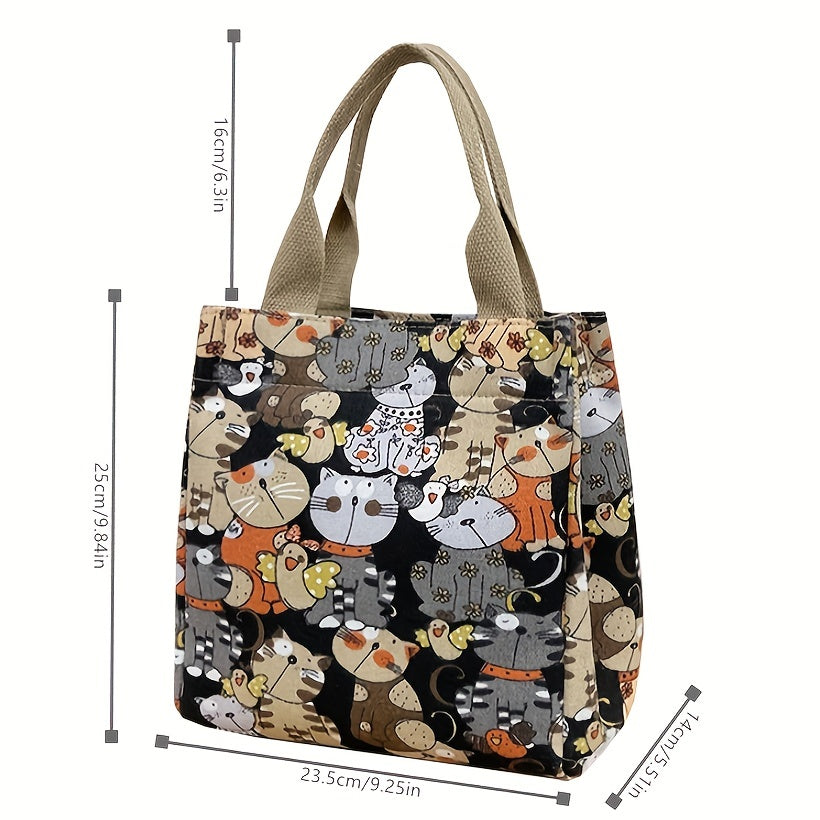 Cartoon Canvas Handbags, Cat Print Lunch Box Bag, Portable Storage Handbags For Work School