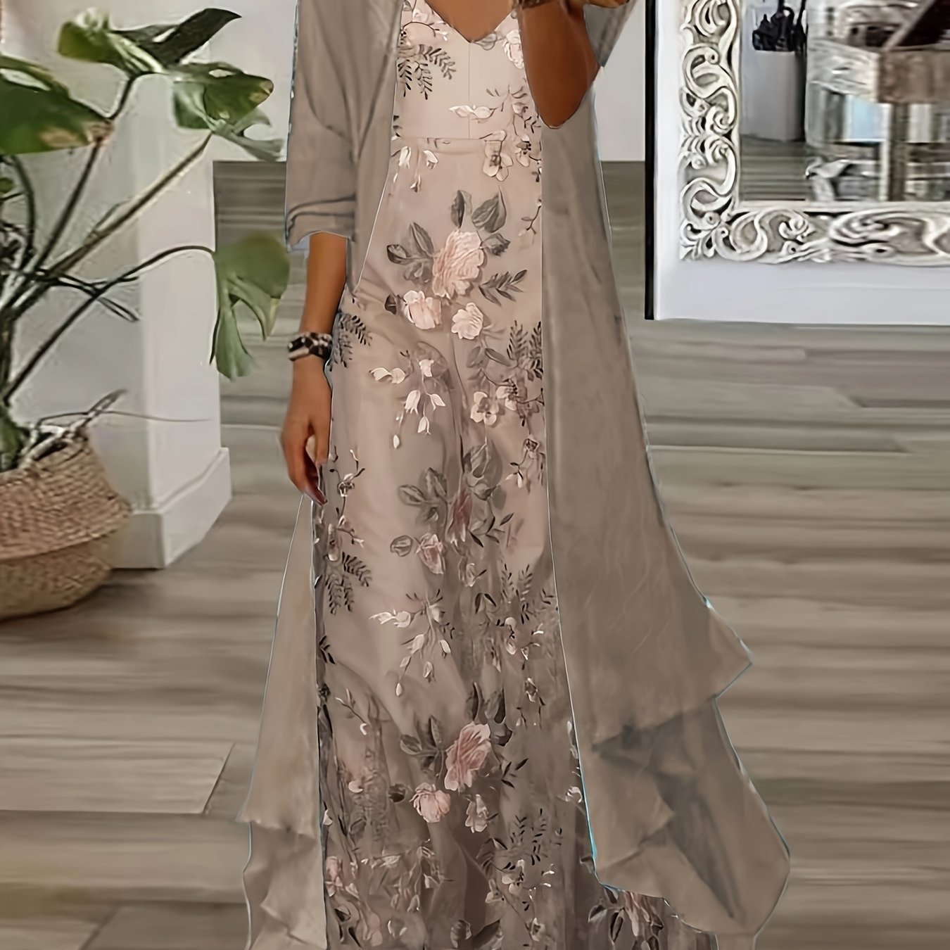 Women's Dress Set Two-Piece Dress Extra Long Dress 3/4 Sleeve Floral Print Halter Dress