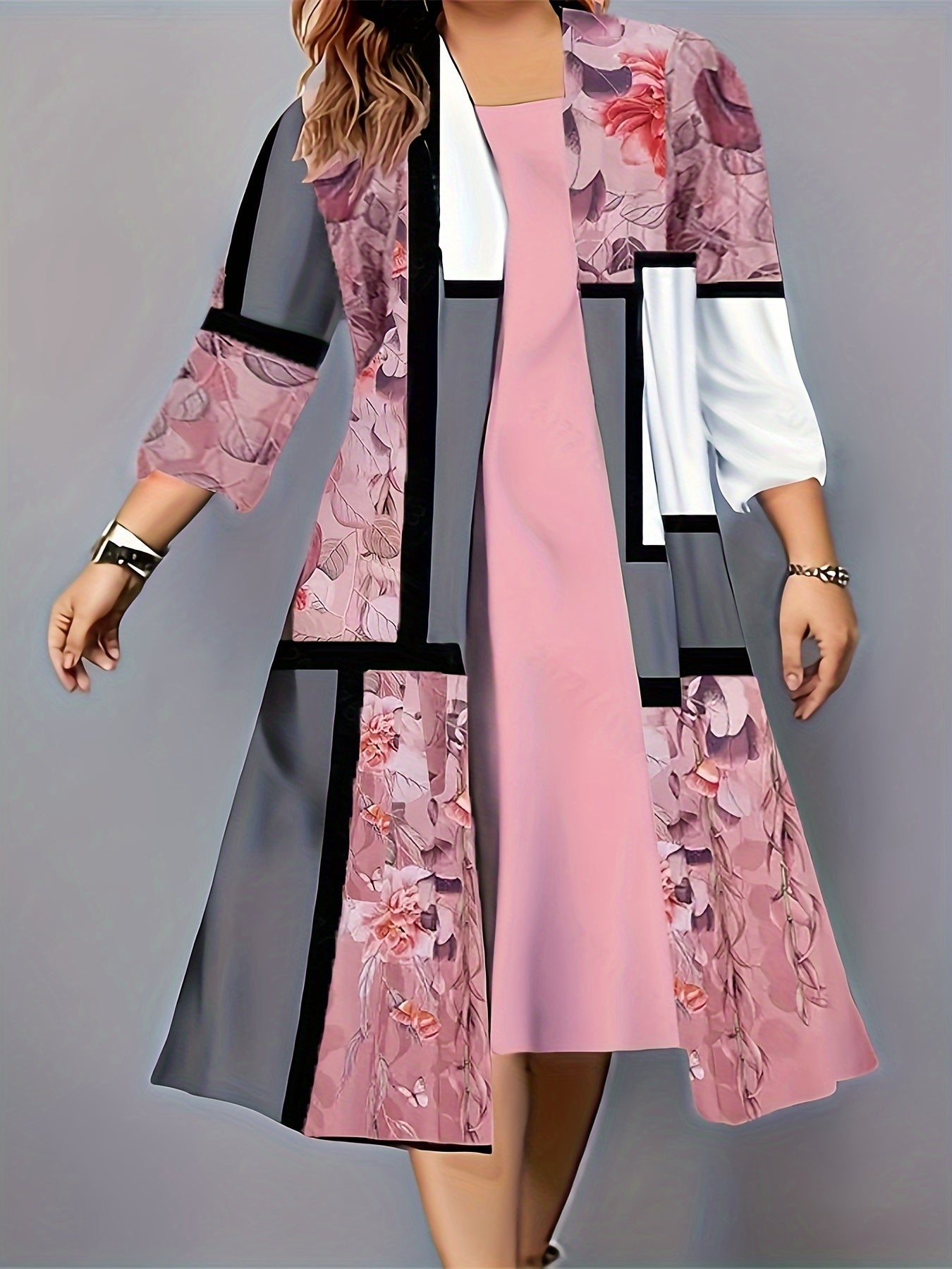 Plus Size Geometric Print Two-piece Dress Set, Crew Neck Tank Dress & 3/4 Sleeve Open Front Top Outfits, Women's Plus Size Clothing