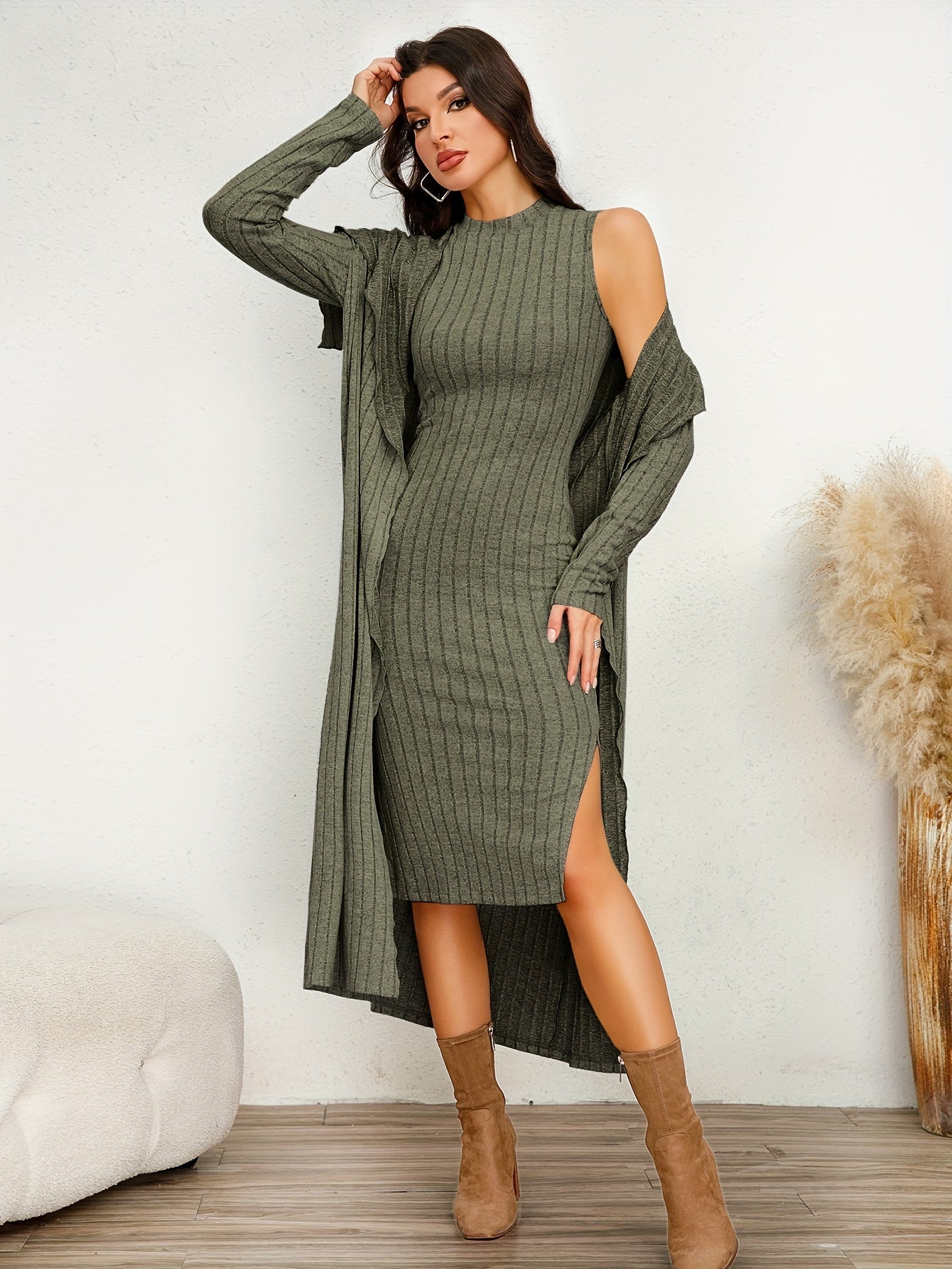 Chic Ribbed Two-piece Dress Set - Solid Color Sleeveless Tank & Ruffle-Trim Long Sleeve Cardigan - Womens Casual to Dressy Outfit