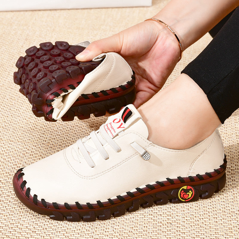 Women's Beige & Burgundy Round-Toe Casual Shoes - All-Season Synthetic Cover-like Upper with Cushioned PVC Sole, Round-Toe Walking Shoes for Square Dance, Dance Practice, Daily Wear - Comfortable Dress Footwear (Hand Washable