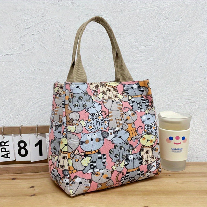 Cartoon Canvas Handbags, Cat Print Lunch Box Bag, Portable Storage Handbags For Work School