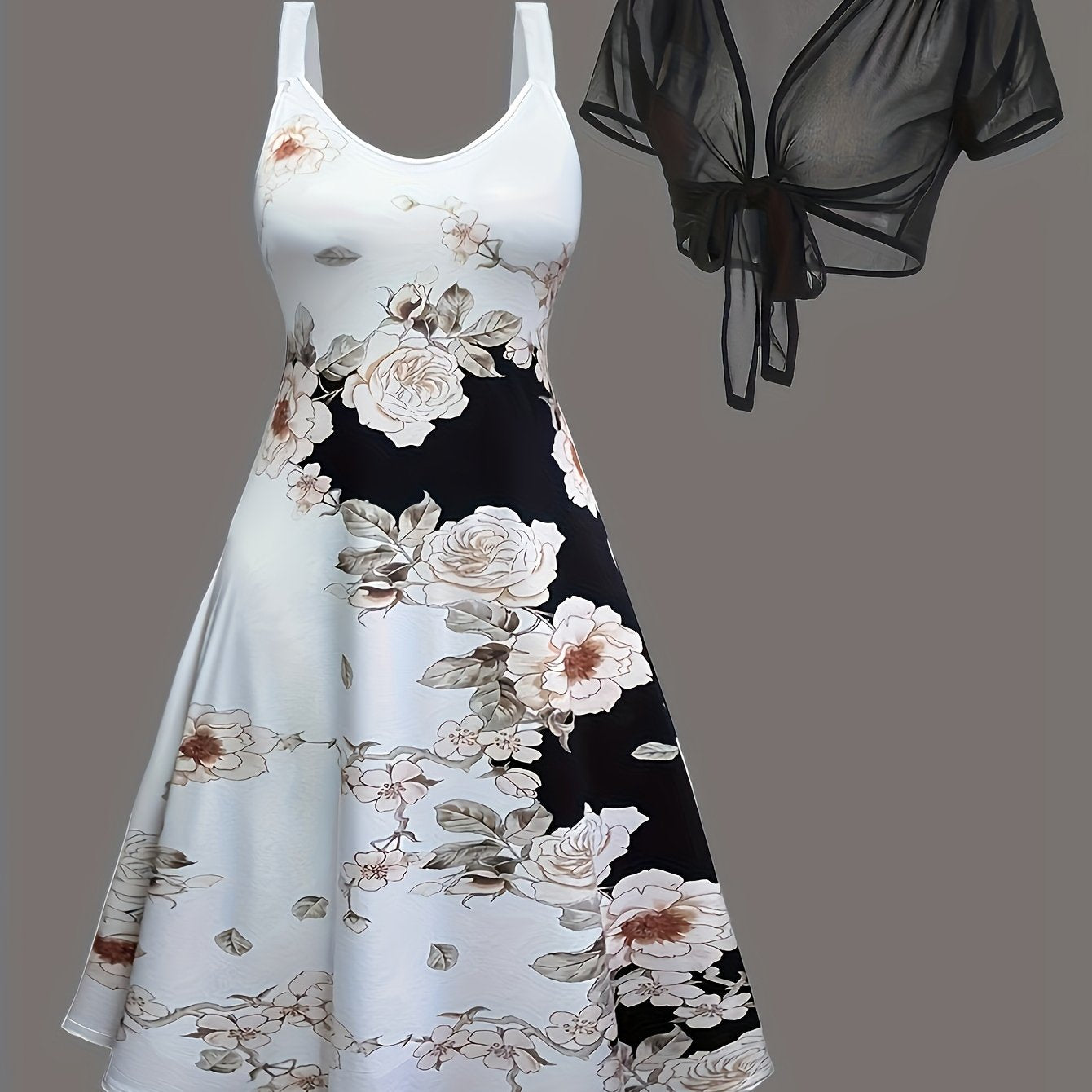 Plus Size, Plus Size Floral Print Two-piece Dress Set, Crew Neck Tank Dress & Mesh Tie Front Short Sleeve Kimono Outfits, Women's Plus Size Clothing