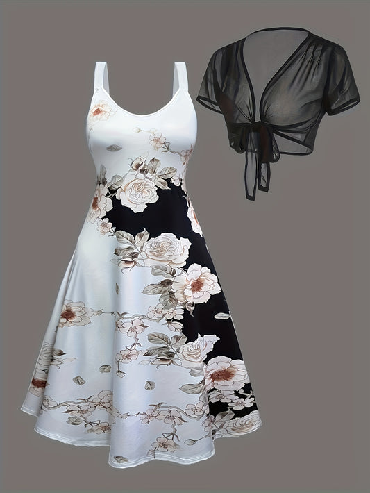 Plus Size, Plus Size Floral Print Two-piece Dress Set, Crew Neck Tank Dress & Mesh Tie Front Short Sleeve Kimono Outfits, Women's Plus Size Clothing