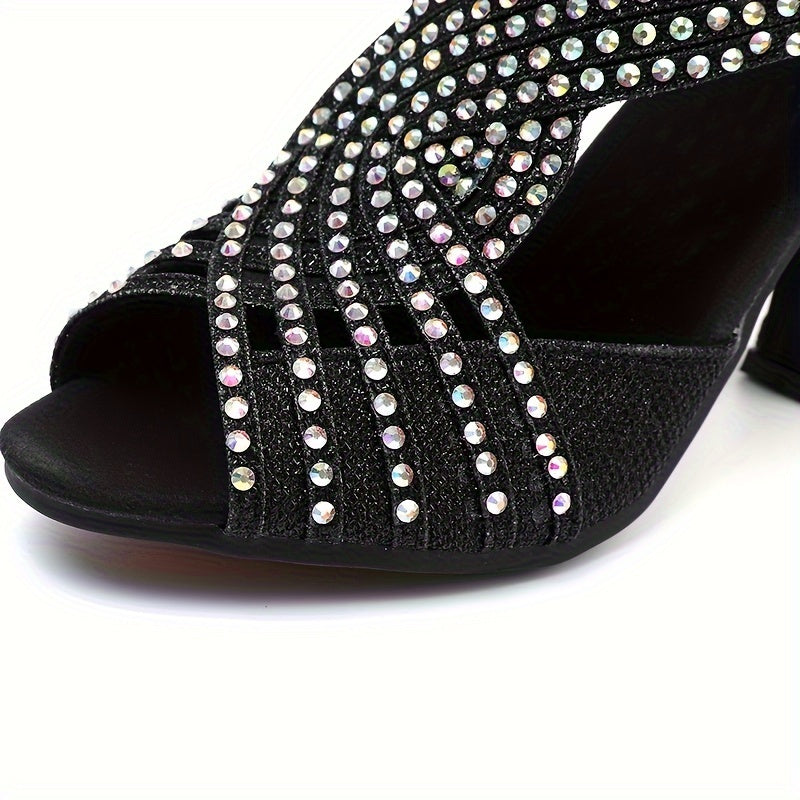 Black Color Rhinestone High Heels, Sexy Beautiful Fashion Women's Shoes, Sandals, Dance Shoes, Latin Dance Shoes For Music Festival