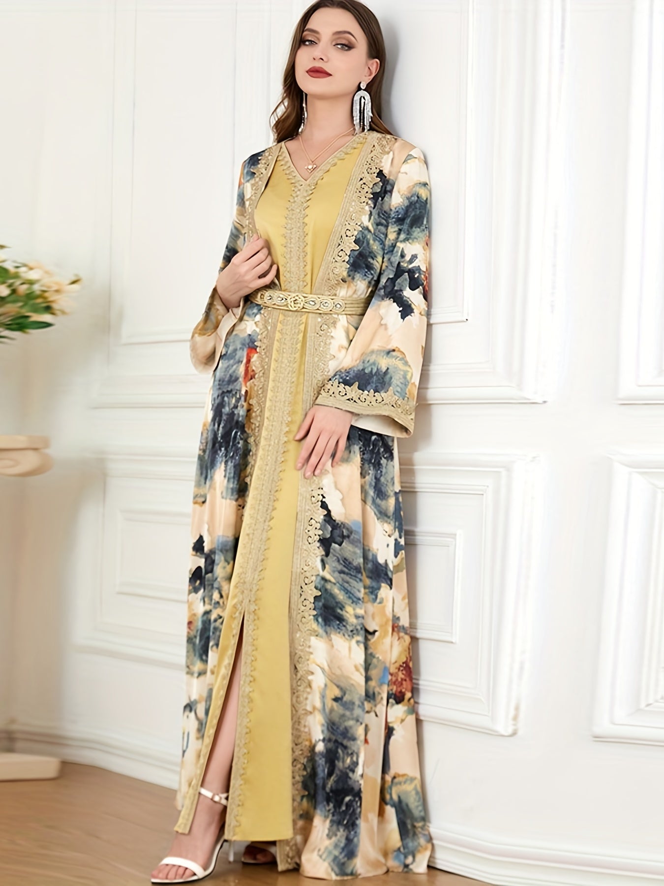 Turkish Kafan Women's Two-Piece Dress Set with V-Neck Satin Painting Kimono for Morocco Dubai Eid Fashion Dress to Show Slimming Temperament for Malaysia Indonesia Pakistan Party Long Robe