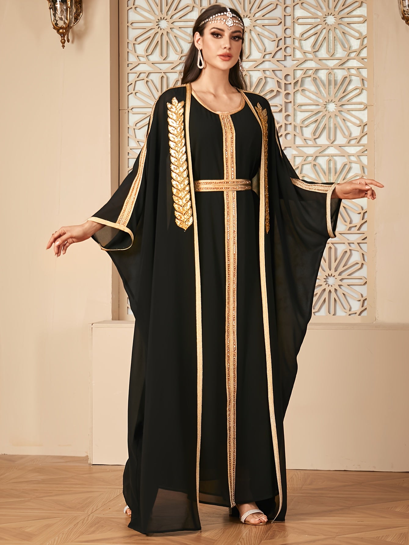 【Targeted】Middle East New Arrival Vest Dress + Open Cardigan Sequin Paneled Webbing Batwing Sleeve Long Robe Two-Piece Dress Set
