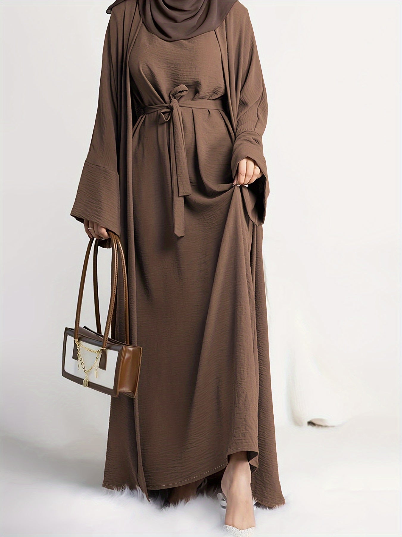 Solid Color Two-piece Dress Set, Sleeveless Crew Neck Belted Dress & Long Sleeve Open Front Robe Outfits, Women's Clothing