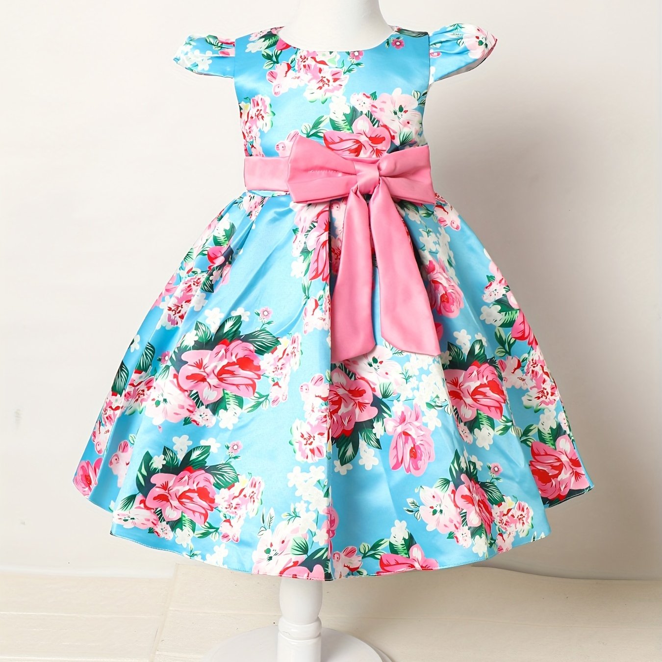 Children Eden Girls' Elegant Rose Floral Print A-Line Party Dress with Ruffled Short Sleeves & Ribbon Bow - Pink & Beige Floral Print, Slim-Fit Waist, Machine Washable, All-Season Wear for Weddings, Easter, Birthdays (Ages 3-