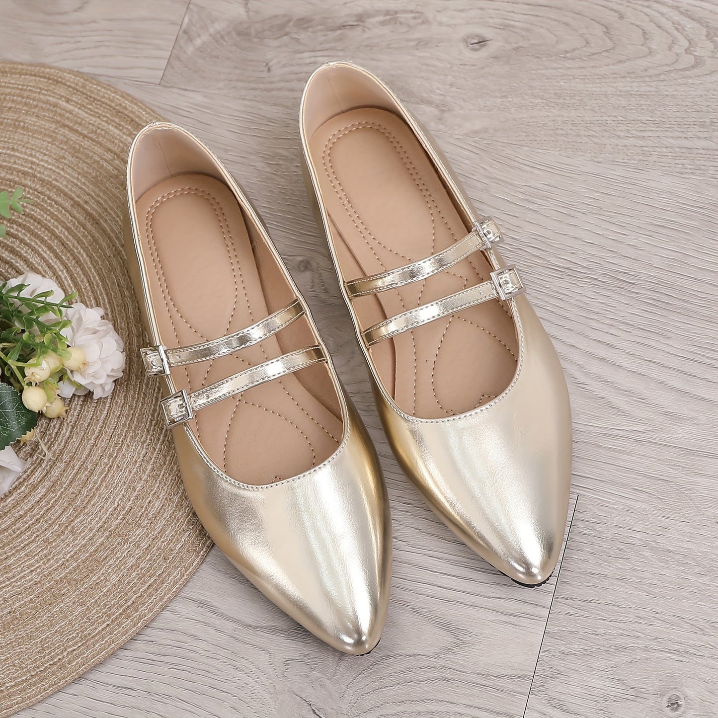 Pointed Red Single Shoes for Women Mary Jane Flat Versatile Retro Soft Cover with One-Word Buckle and Airy Choker Light Mouth Golden French Women's Shoes