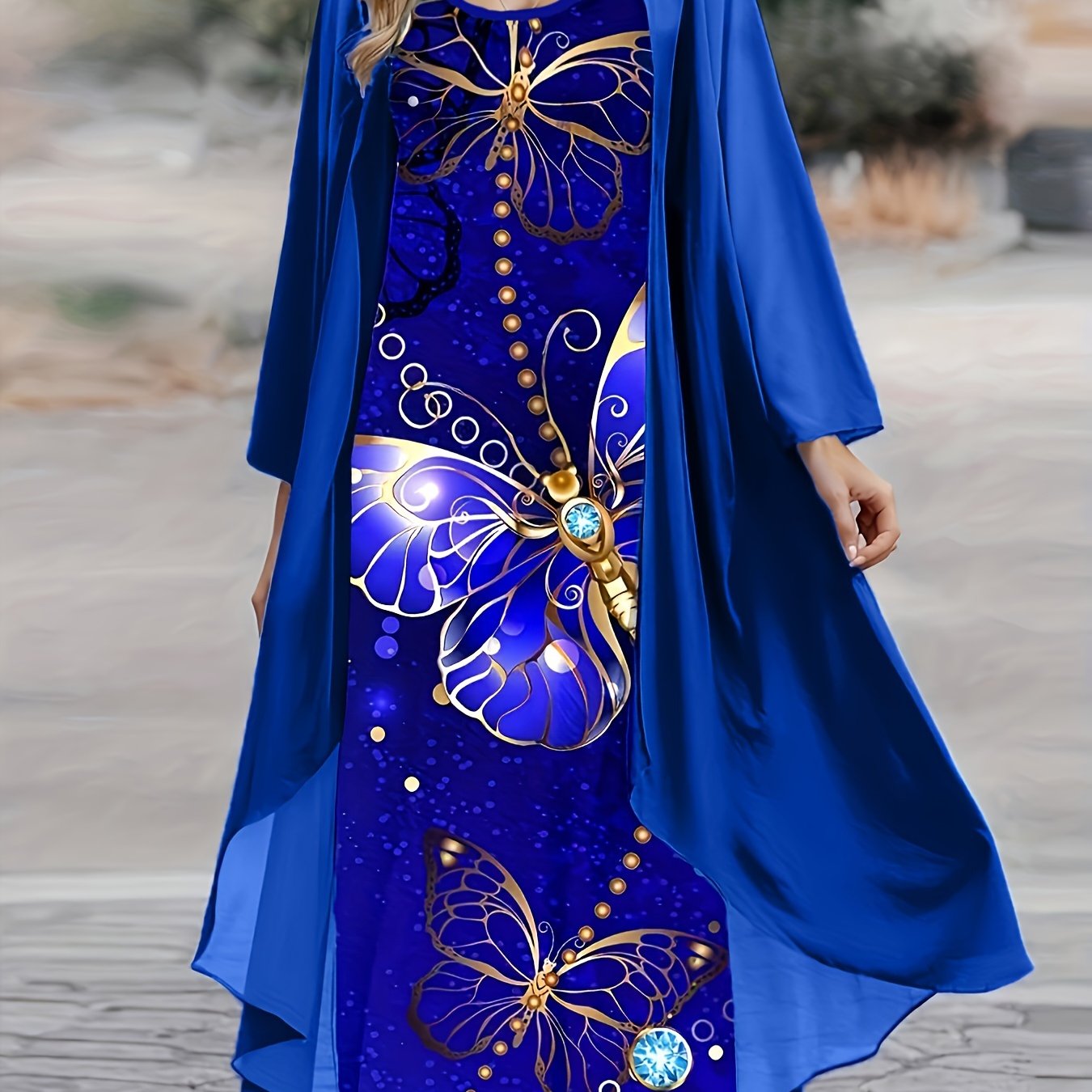 Casual Loose Two-piece Dress Set, Solid Long Sleeve Open Front Top & Butterfly Print Spaghetti Strap Dress Outfits, Women's Clothing