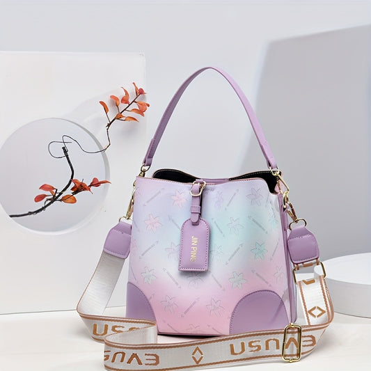 Trendy Ombre Bucket Bag, Letter Print Handbag, Fashion Buckle Decor Handbags, Women'S Every Day Purses