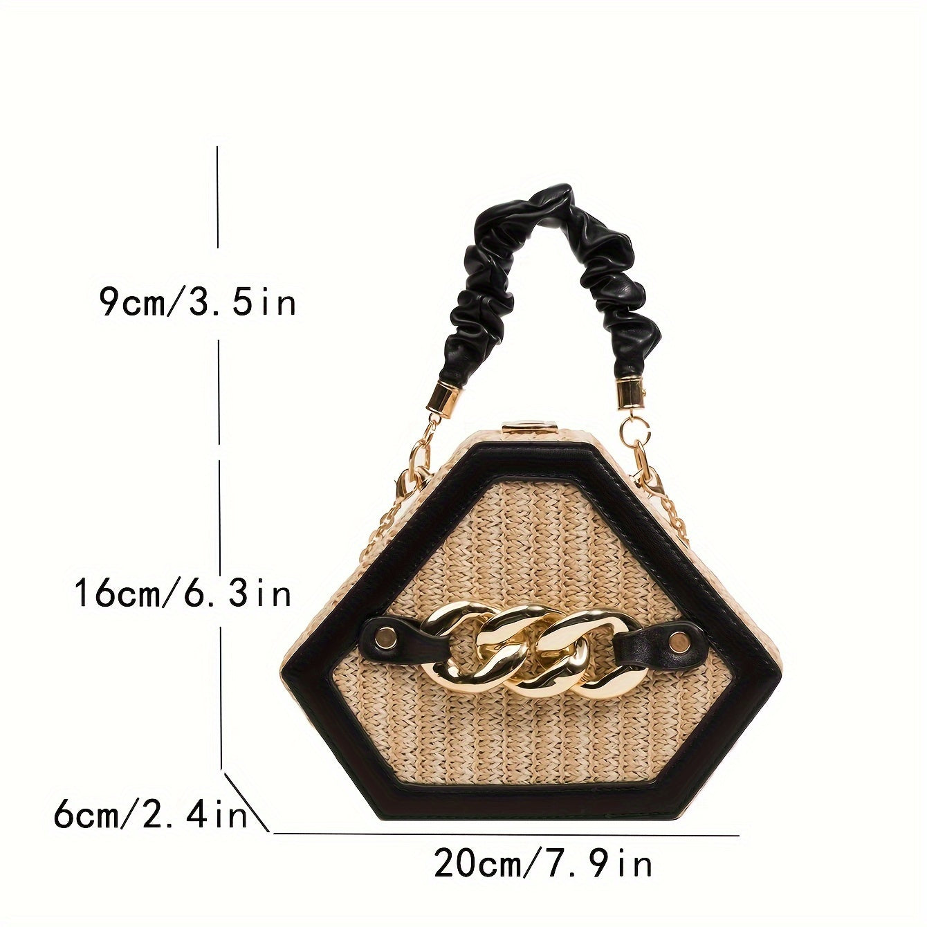 [Woven Handbag | Golden-Tone] Women's Woven Handbag | Golden-Tone Hardware & Chain Strap | Hexagonal Box Purse in Black/Beige | Durable Paper Material & Lining | Elegant Everyday & Formal Events | Crossbody or Handheld Bag |