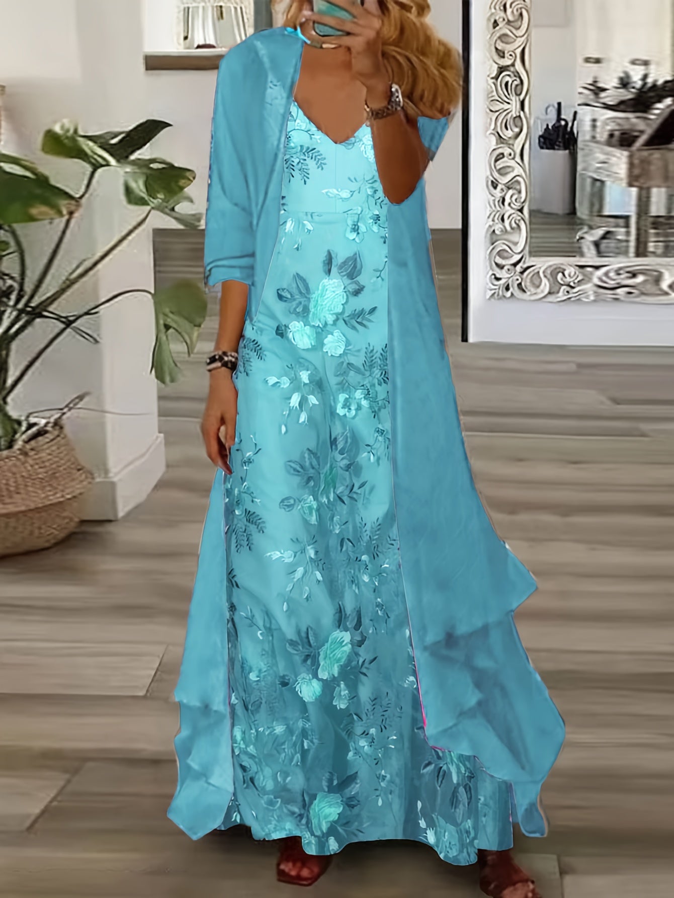 Women's Dress Set Two-Piece Dress Extra Long Dress 3/4 Sleeve Floral Print Halter Dress