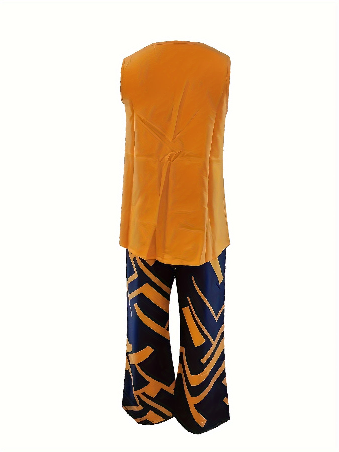 Chic Womens Two-piece Set - Sleeveless Vest Tops with Geo Print Wide Leg Pants - Casual Spring & Fall Outfit for Effortless Style