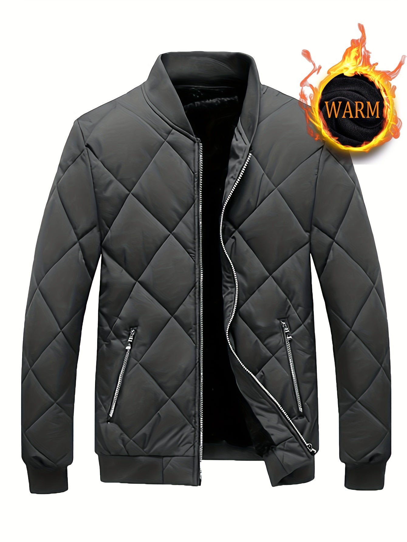 Cozy Fleece Winter Jacket - Quilted, Baseball Collar, Zipper Pockets, Water-Resistant, Breathable, Soft, Men's Casual Coat for Outdoor Activities