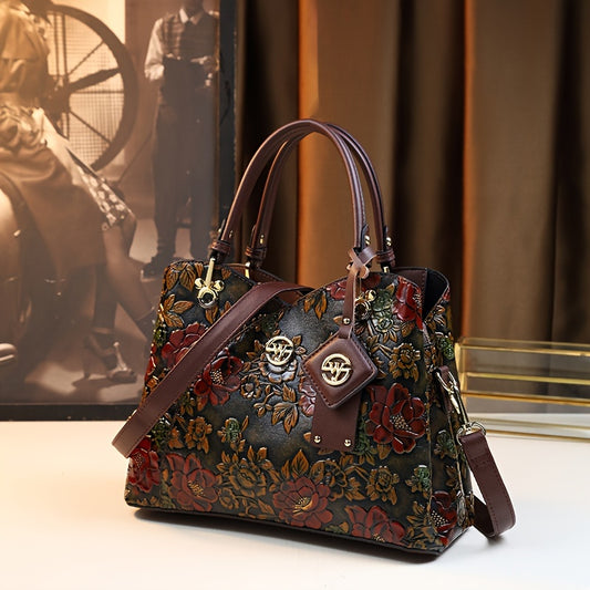 Vintage Floral Embossed Pu Handbag For Women - Heart Charm Crossbody & Top Handle Purse With Zip Closure, Fashionable Gift Purses For Women Handbags For Women