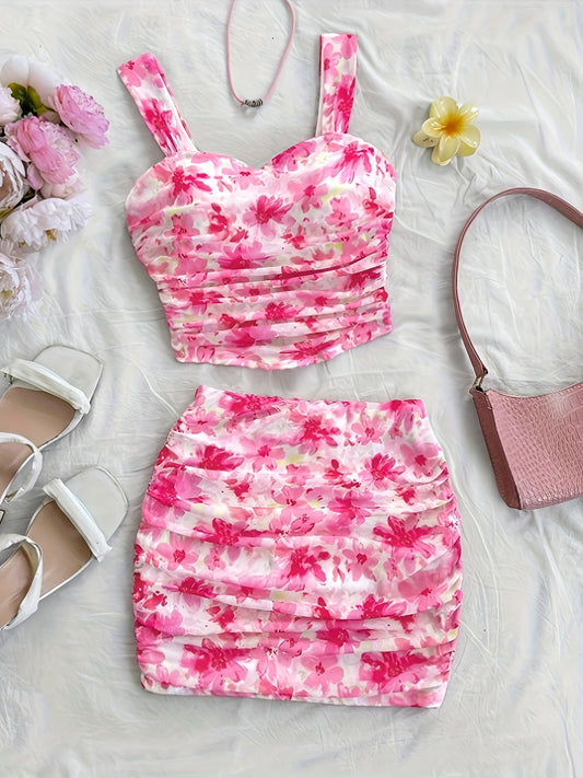 [Sensual Dress] Sexy Two-piece Dress | Elegant V-neck Sleeveless Camisole And Small Floral Skirt, Cute, Fashionable, Perfect for Spring And Summer