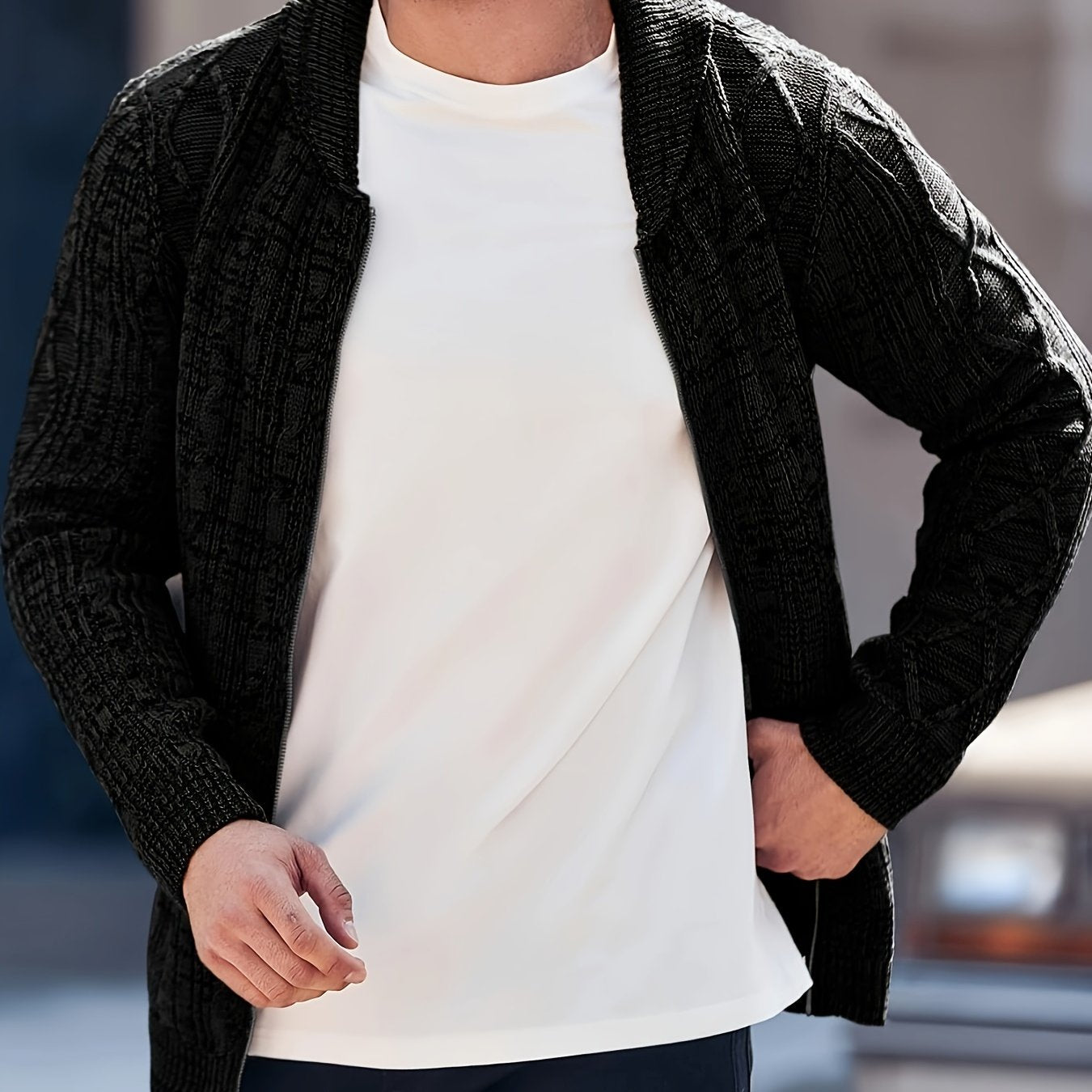 Mens Shawl Neck Cardigan Sweater Cable Knit Zip Up Closure with Pockets Winter Jacket Outerwear