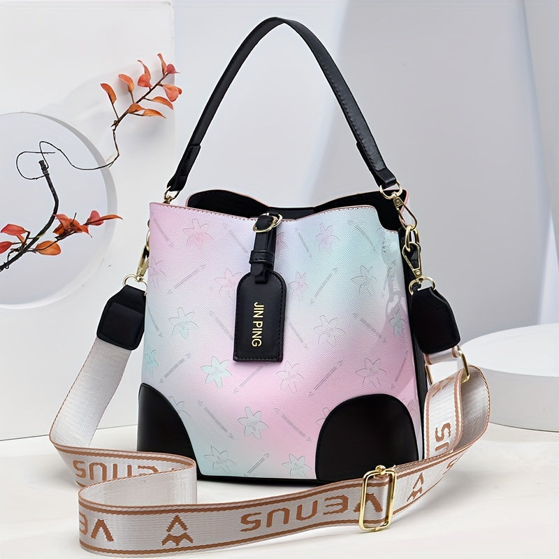 Trendy Ombre Bucket Bag, Letter Print Handbag, Fashion Buckle Decor Handbags, Women'S Every Day Purses