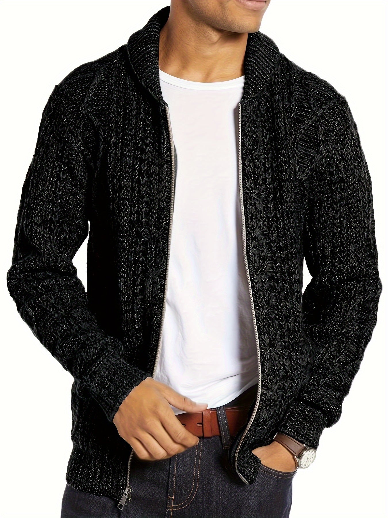 Mens Shawl Neck Cardigan Sweater Cable Knit Zip Up Closure with Pockets Winter Jacket Outerwear