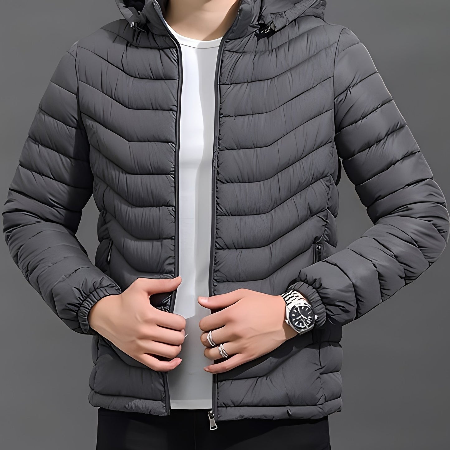 Men's Elegant Hooded Winter Jacket - Warm, Windproof with Removable Hood & Zipper Pockets
