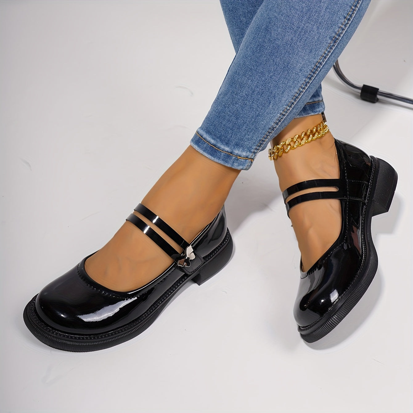Elegant Black Mary Jane - Chic Comfort Women's Shoes with Golden Buckle, Round Toe, and Comfortable Rubber Sole - Versatile All-Season PU Cover Flats, Ladies Shoes