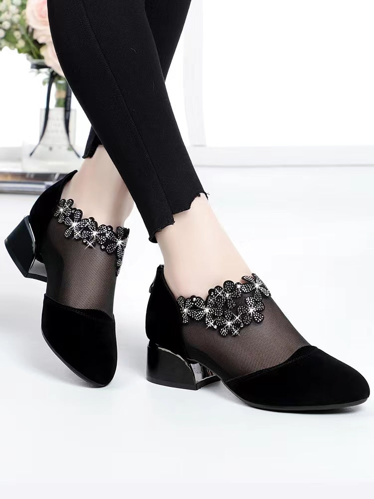 Women's Flower Rhinestone Mesh Block Heels, Fashion Back Zipper Solid, Versatile Dress Low Heels