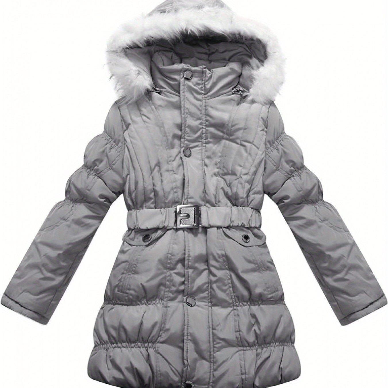 [Long Sleeve Fuzzy Winter Parkas] Amemory In Girls Winter Parkas Long Sleeve Fuzzy Hooded Padded Winter Jacket with Belt