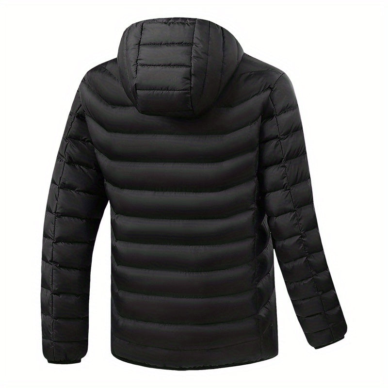 Men's Lightweight Heated Jacket - USB-Powered, Quilted Winter Coat with Adjustable Temperature Control, Zip-Up Hooded Design, Long Sleeves, Outdoor Warmth (Battery Not Included), Winter Jacket