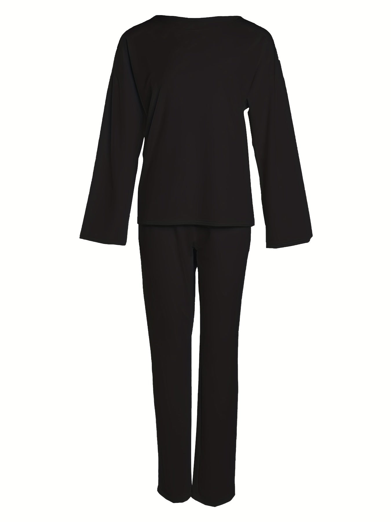 Solid Casual Two-piece Set, Crew Neck Long Sleeve Tops & Wide Leg Long Length Pants Outfits, Women's Clothing