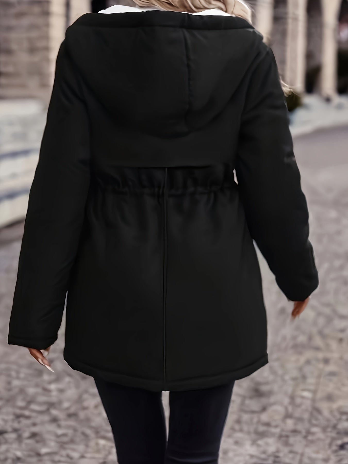 [Cozy Fleece-Lined Winter Coat] Warm, Thick Women's Cozy Fleece-Lined Hooded Winter Coat | Zip-Up Hood & Drawstring Waist | Black, Perfect for Cold Weather, Winter Jacket