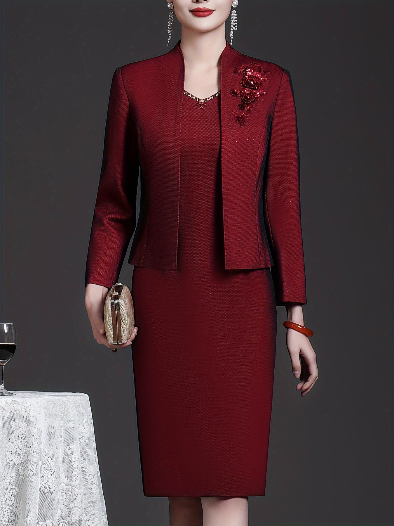 Wine Red Two-piece Dress Set Elegant Slim, Long Sleeve Coat Embroidered Top And Sleeveless Sundress Women