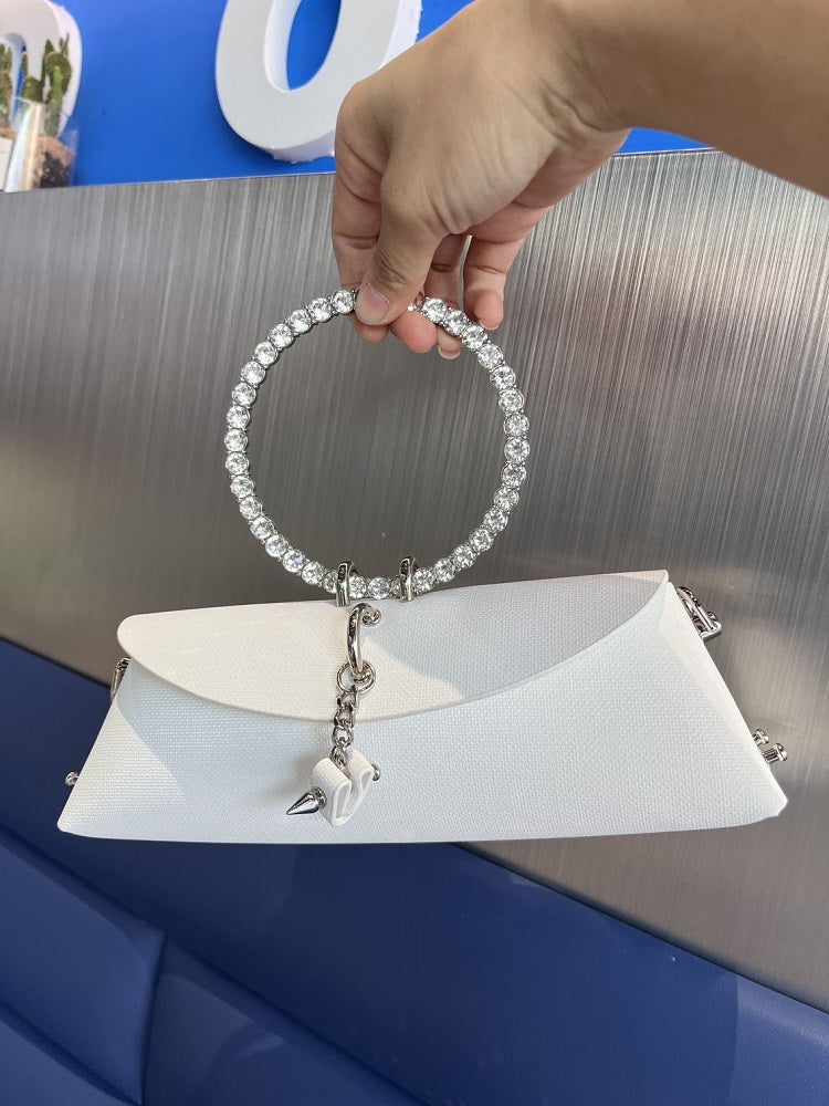 JIOMAY Women's Luxury Designer Clutch Handbag with Detachable Chain Strap & Closure - Synthetic Leather Rhinestone-Adorned White/Black/Green Evening Bag, Golden-Tone Hardware, Elegant Large Statement Purse for Parties, Weddin