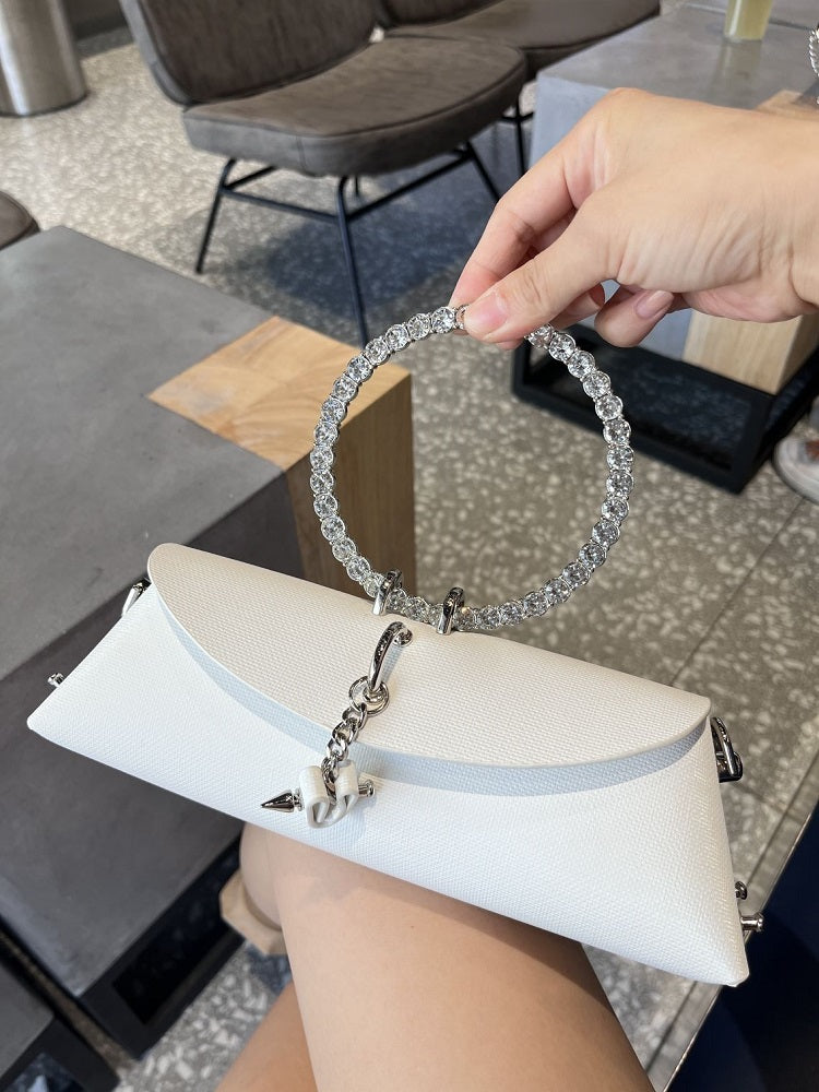 JIOMAY Women's Luxury Designer Clutch Handbag with Detachable Chain Strap & Closure - Synthetic Leather Rhinestone-Adorned White/Black/Green Evening Bag, Golden-Tone Hardware, Elegant Large Statement Purse for Parties, Weddin