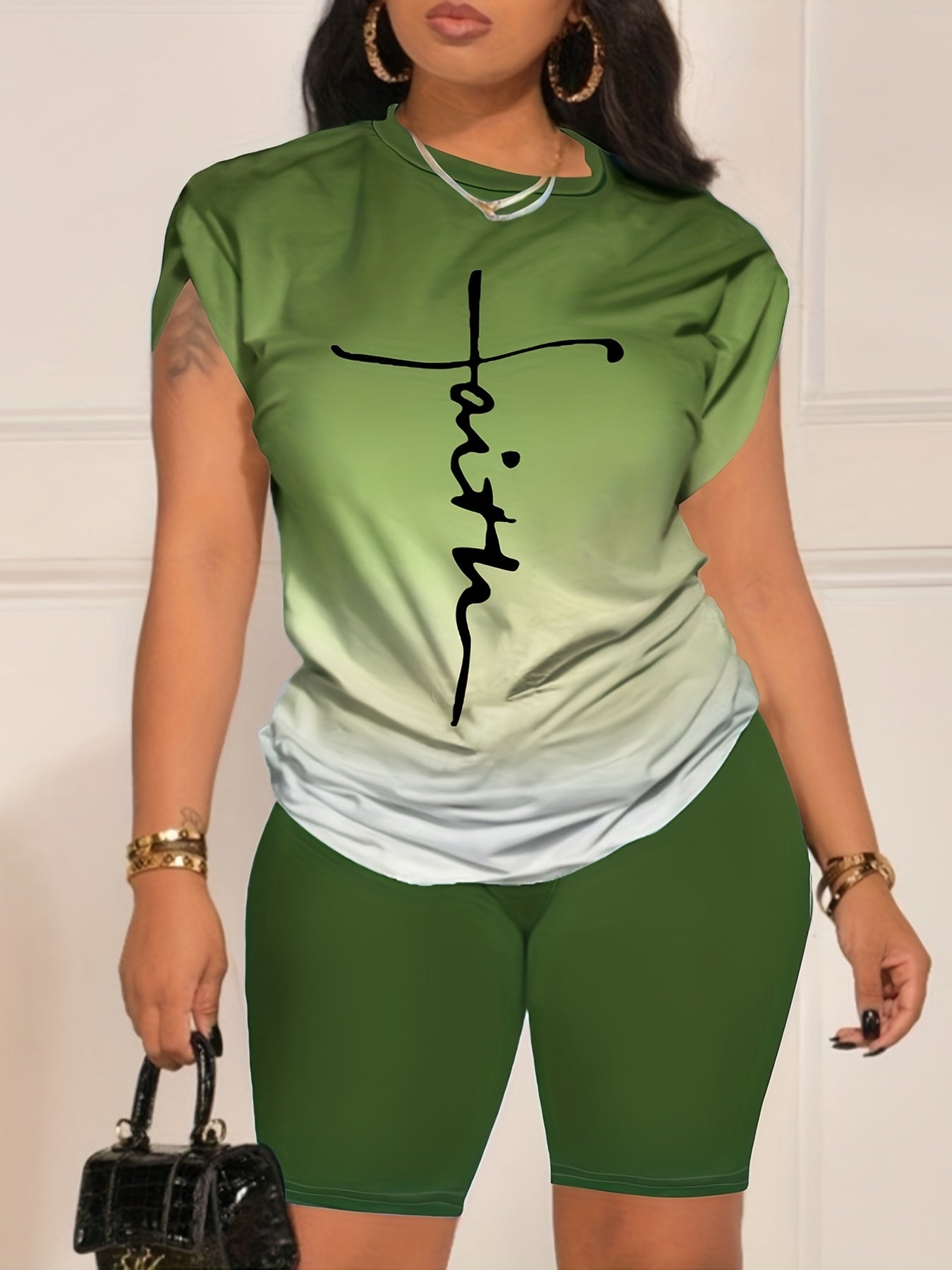 Casual Daily Two-piece Set, Faith Letter Print Short Sleeve Tops & Solid Shorts Outfits, Women's Clothing