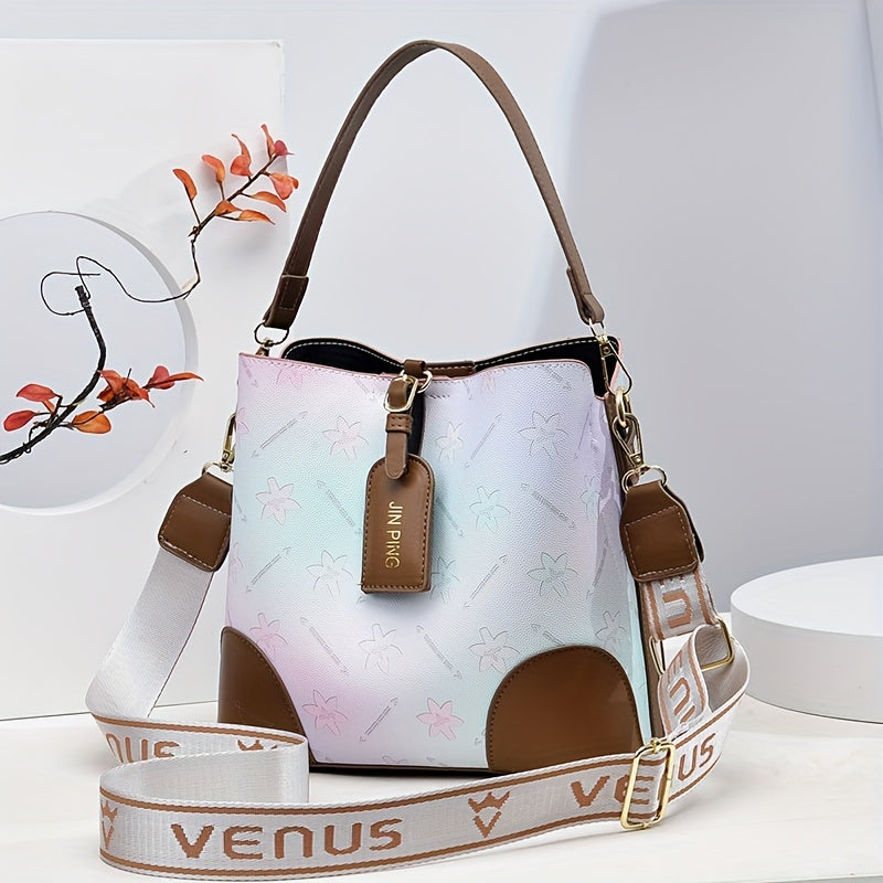 Trendy Ombre Bucket Bag, Letter Print Handbag, Fashion Buckle Decor Handbags, Women'S Every Day Purses