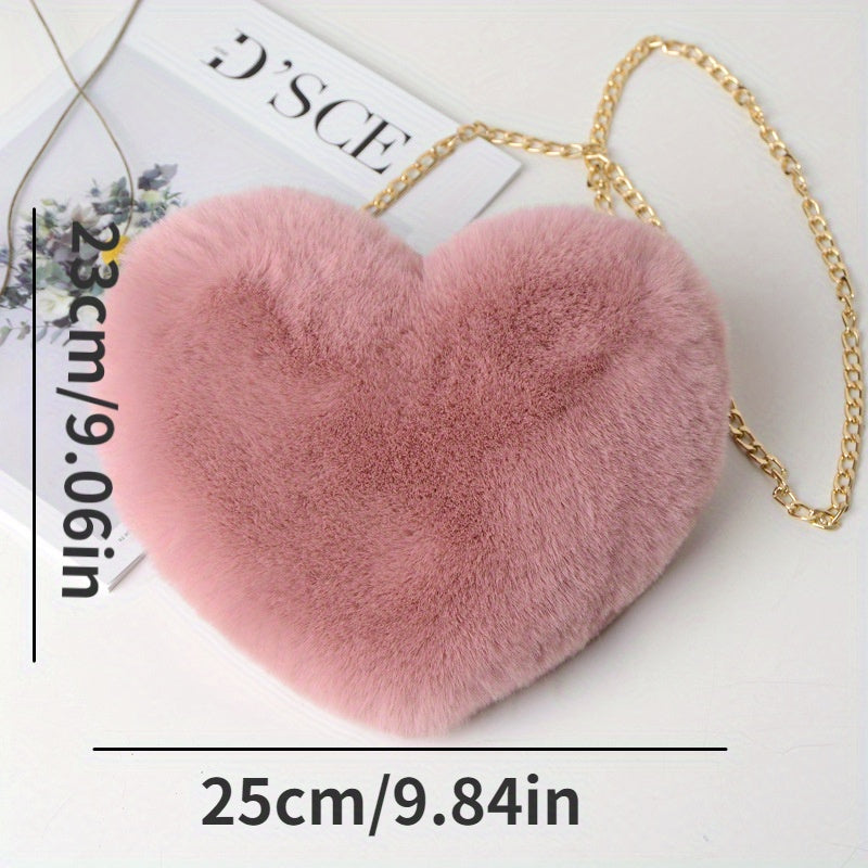 Cute Heart-Shaped Faux Fur Crossbody Purse - Women Handbags & Wallets - Fashionable Chain Shoulder Bag with Soft Fuzzy Lining, Perfect Valentine's Day Gift for Her, Lovers, and Friends