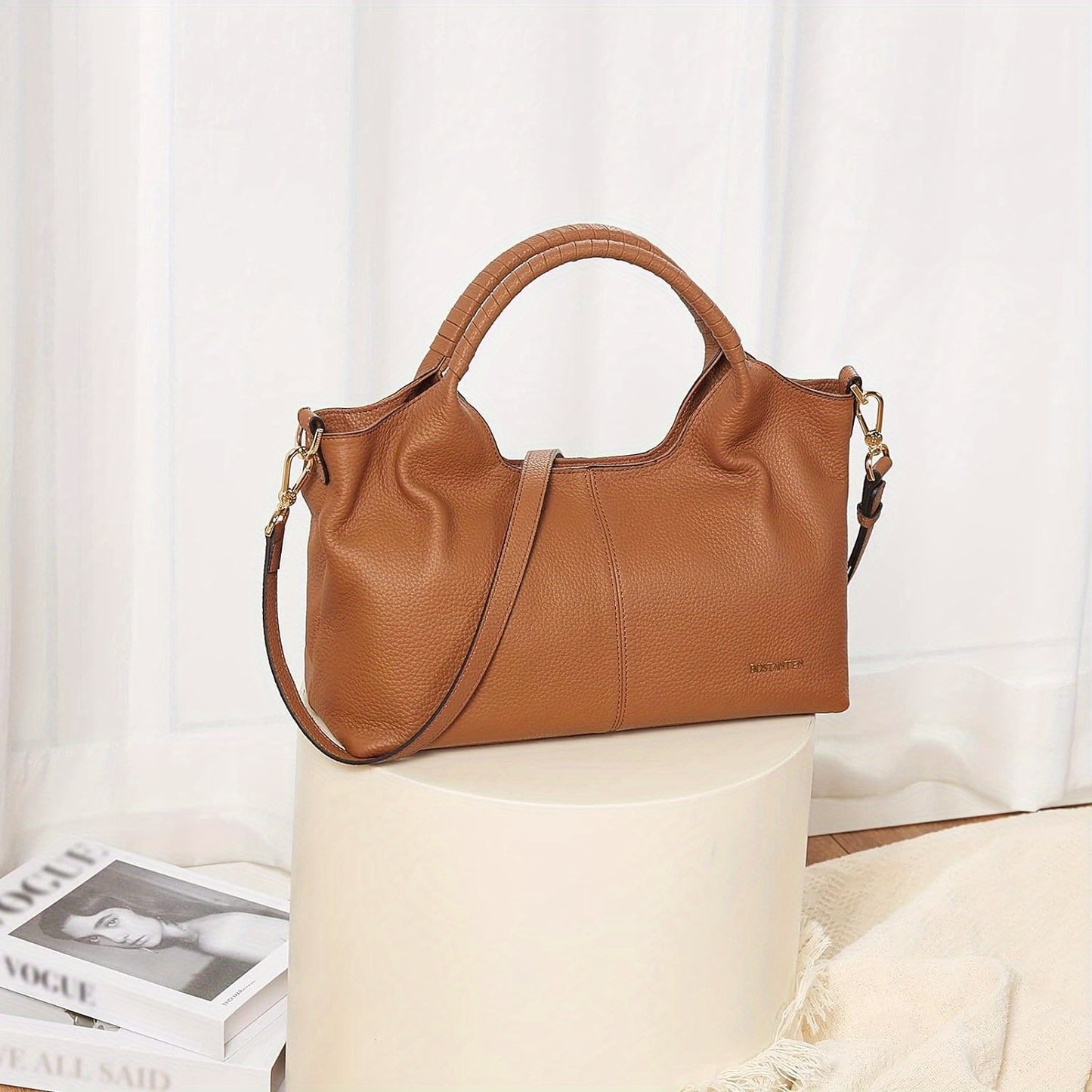 [Elegant Leather Handbag] Black Genuine Leather Elegant Handbag for Women - Designer Crossbody & Shoulder Satchel with Adjustable Strap, Top Handle, and Secure Zipper Closure, Designer Handbags