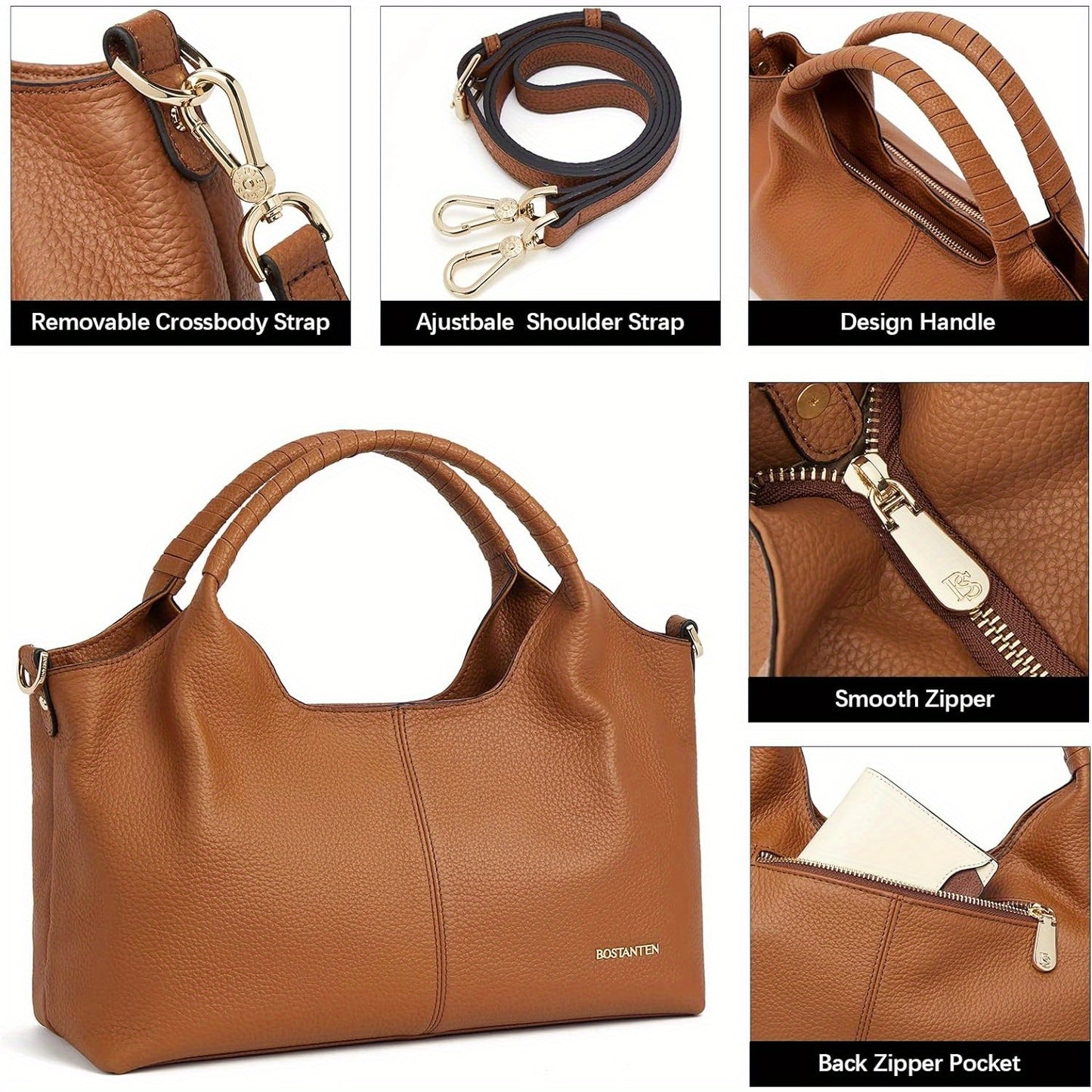 [Elegant Leather Handbag] Black Genuine Leather Elegant Handbag for Women - Designer Crossbody & Shoulder Satchel with Adjustable Strap, Top Handle, and Secure Zipper Closure, Designer Handbags