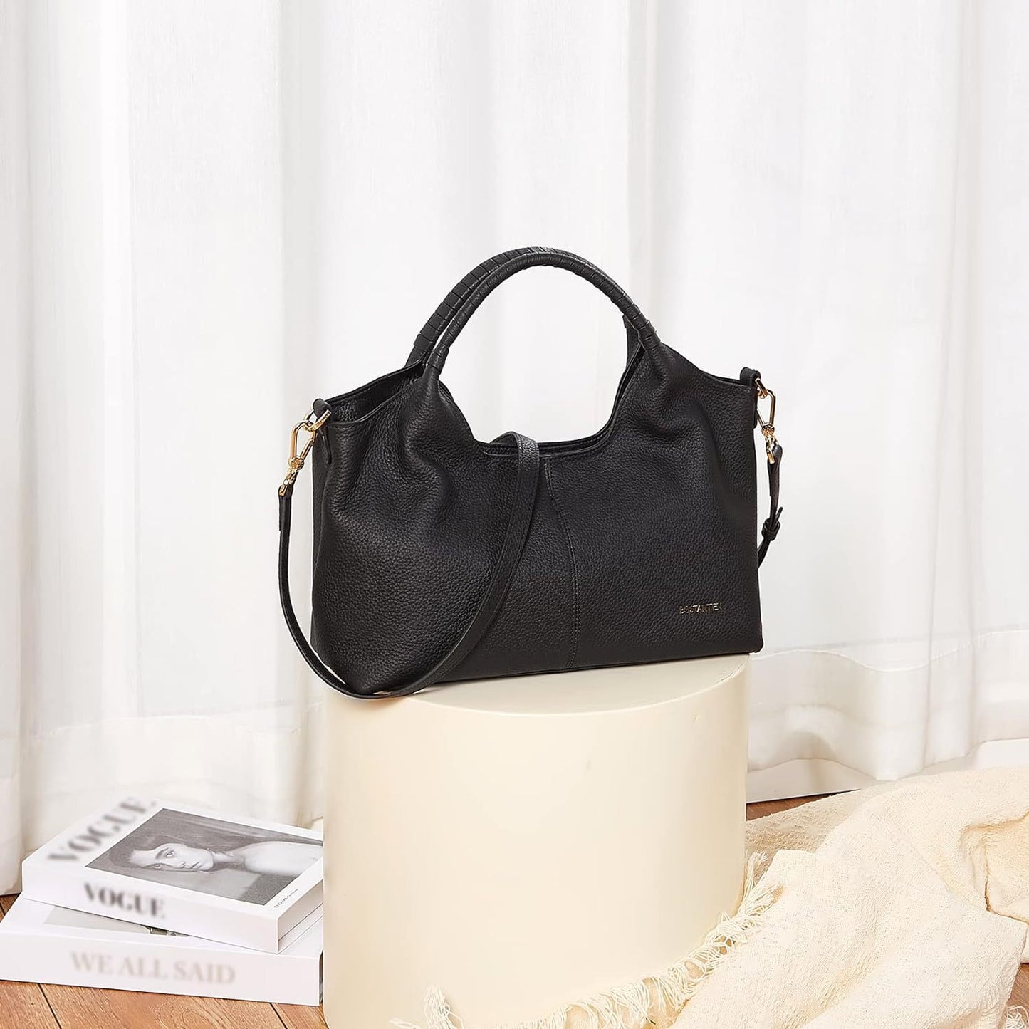 [Elegant Leather Handbag] Black Genuine Leather Elegant Handbag for Women - Designer Crossbody & Shoulder Satchel with Adjustable Strap, Top Handle, and Secure Zipper Closure, Designer Handbags