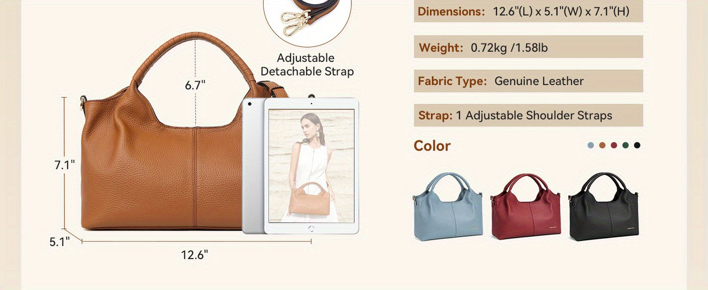 [Elegant Leather Handbag] Black Genuine Leather Elegant Handbag for Women - Designer Crossbody & Shoulder Satchel with Adjustable Strap, Top Handle, and Secure Zipper Closure, Designer Handbags