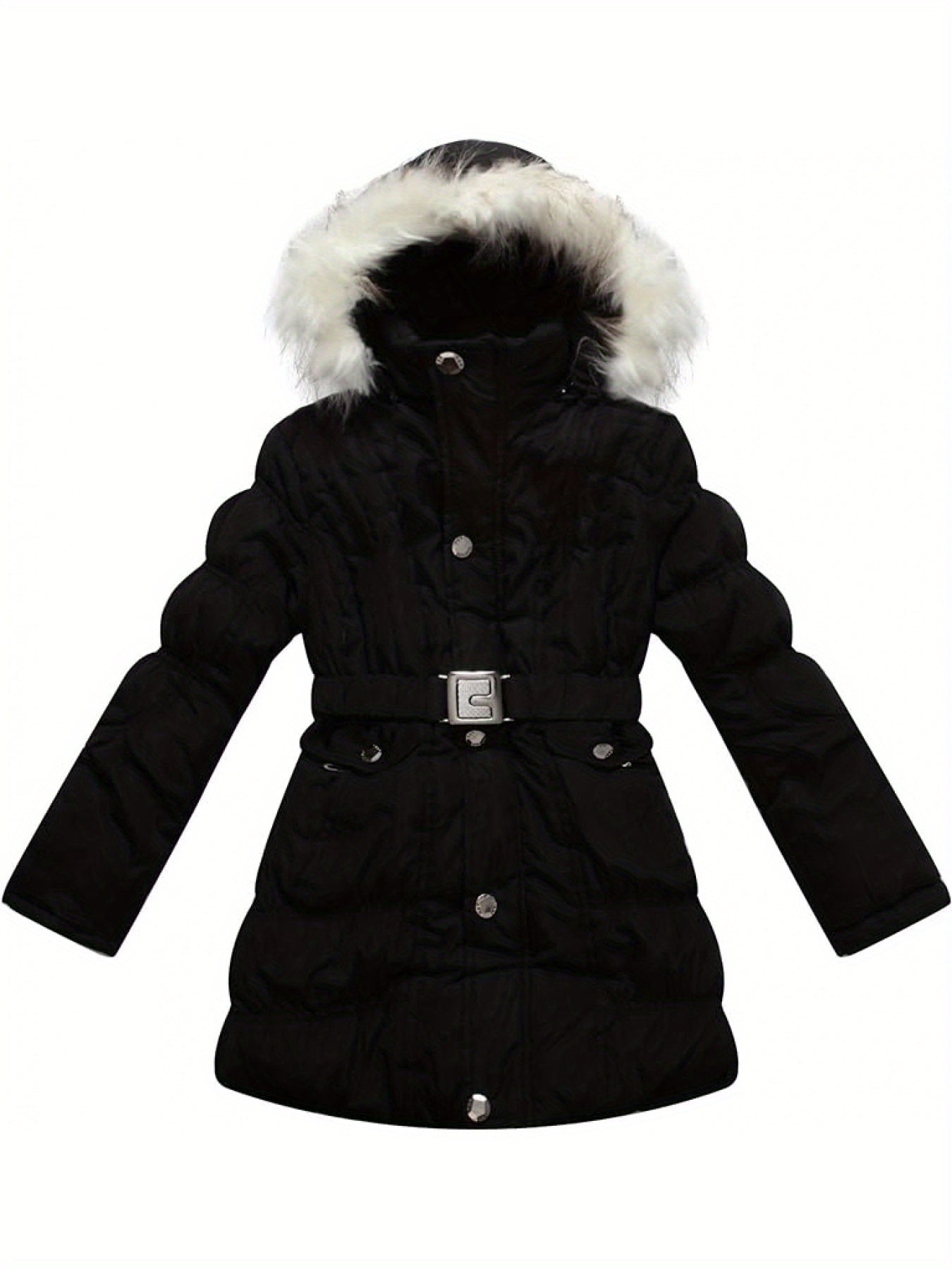 [Long Sleeve Fuzzy Winter Parkas] Amemory In Girls Winter Parkas Long Sleeve Fuzzy Hooded Padded Winter Jacket with Belt