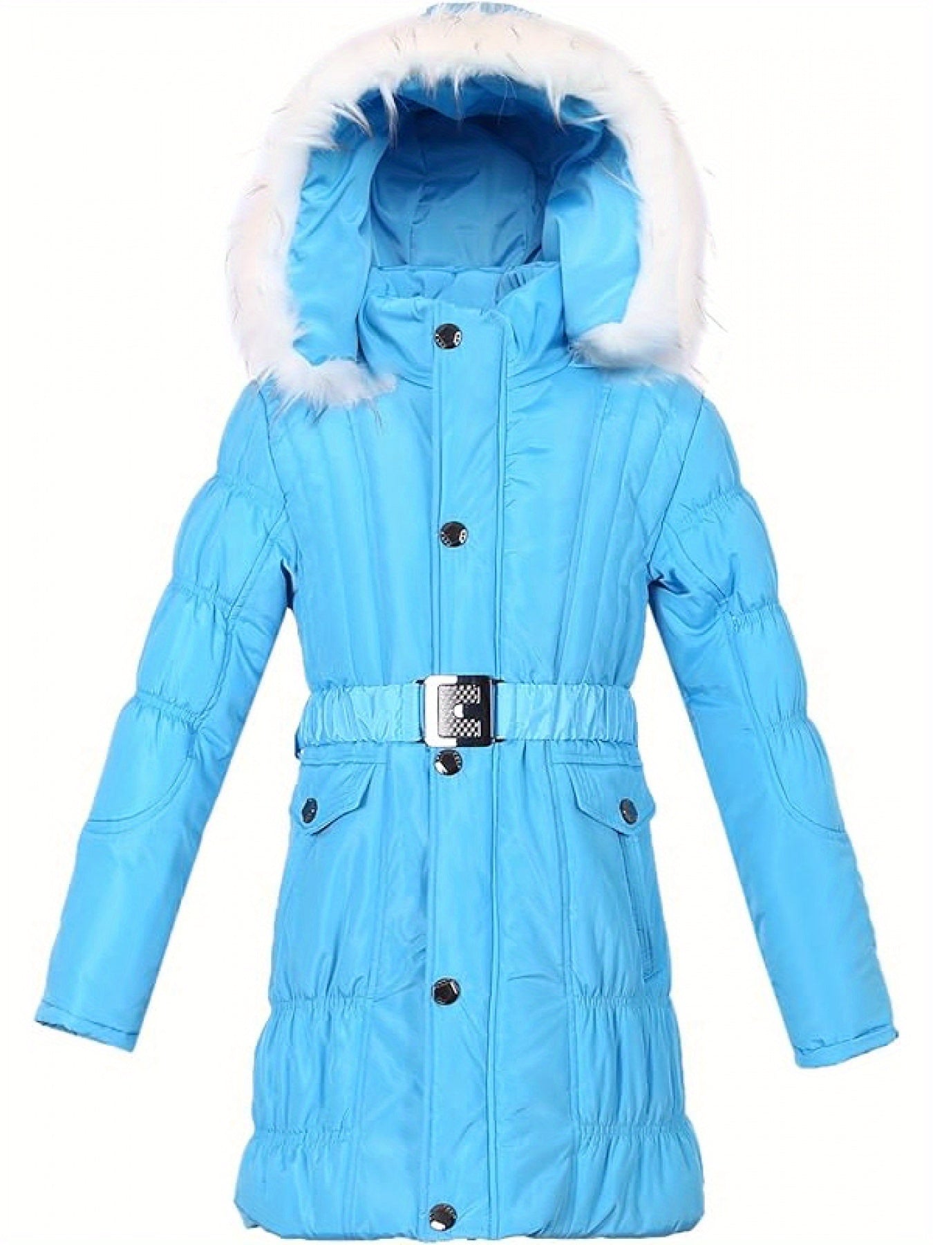 [Long Sleeve Fuzzy Winter Parkas] Amemory In Girls Winter Parkas Long Sleeve Fuzzy Hooded Padded Winter Jacket with Belt