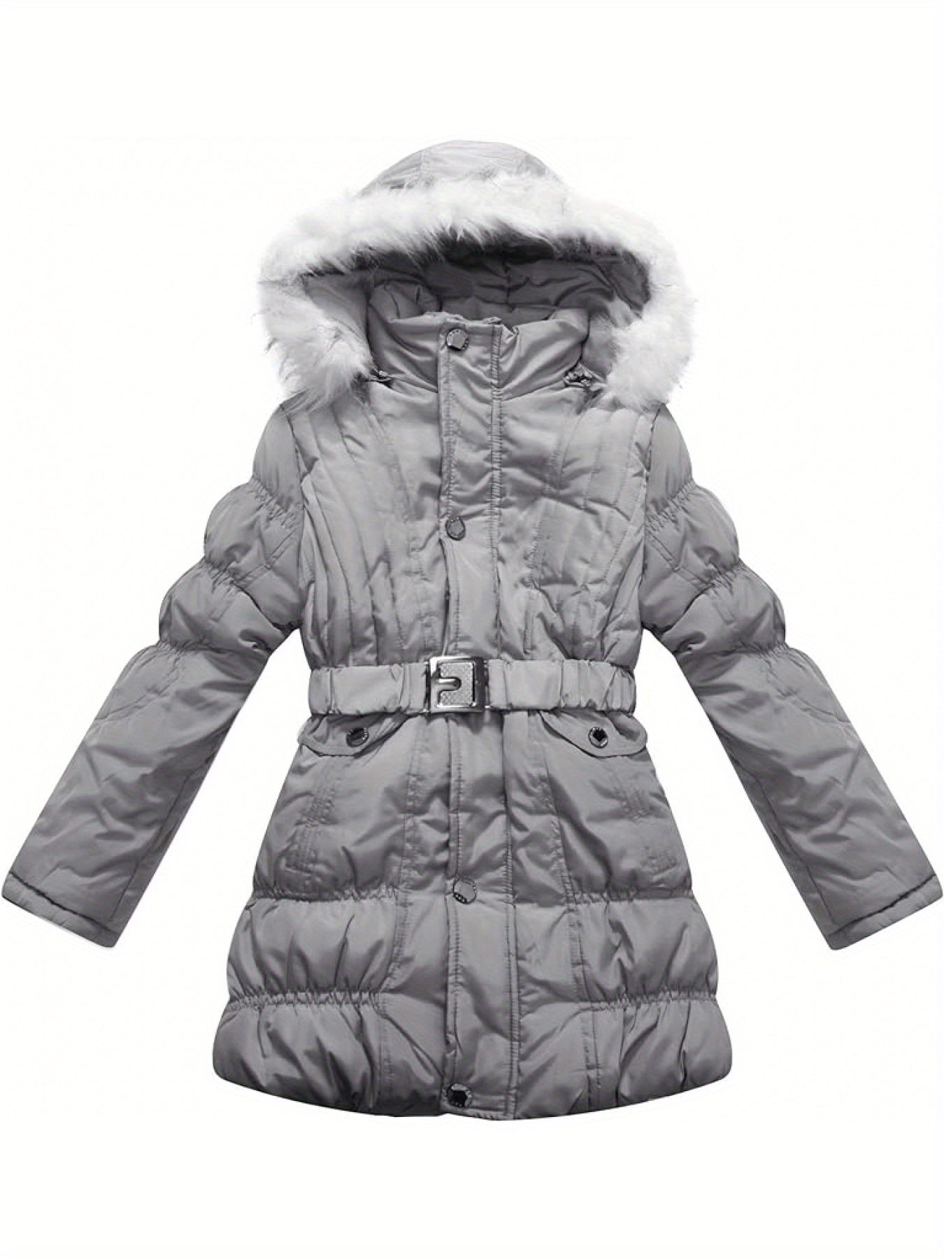 [Long Sleeve Fuzzy Winter Parkas] Amemory In Girls Winter Parkas Long Sleeve Fuzzy Hooded Padded Winter Jacket with Belt