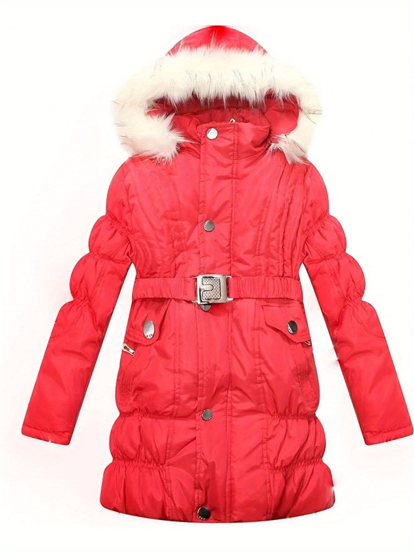 [Long Sleeve Fuzzy Winter Parkas] Amemory In Girls Winter Parkas Long Sleeve Fuzzy Hooded Padded Winter Jacket with Belt