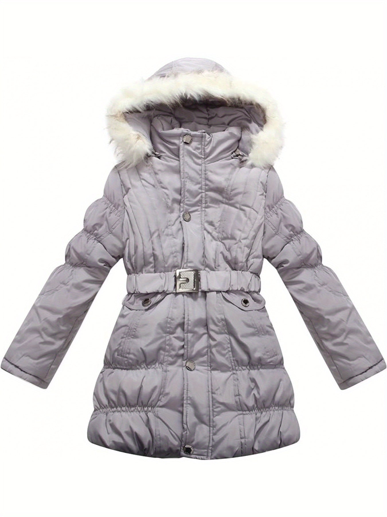 [Long Sleeve Fuzzy Winter Parkas] Amemory In Girls Winter Parkas Long Sleeve Fuzzy Hooded Padded Winter Jacket with Belt