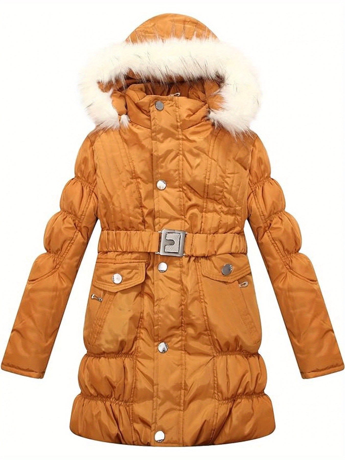 [Long Sleeve Fuzzy Winter Parkas] Amemory In Girls Winter Parkas Long Sleeve Fuzzy Hooded Padded Winter Jacket with Belt